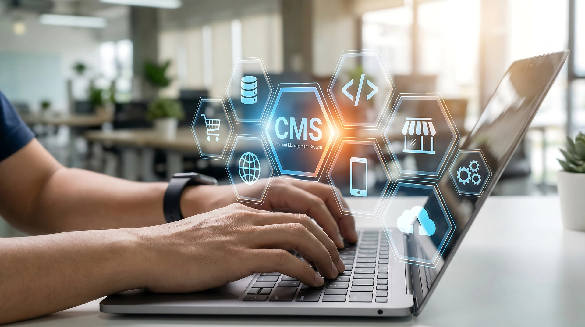 Person using a laptop with CMS icons for ecommerce, coding, mobile, cloud storage, and website management