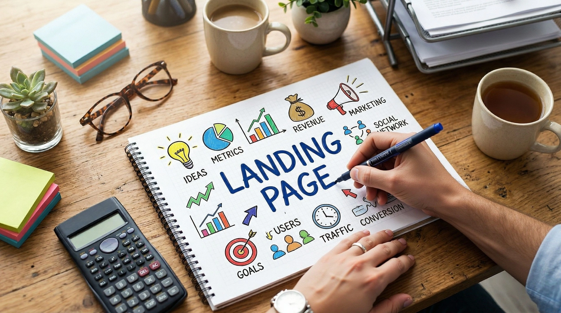 Notebook showing landing page planning notes with icons for metrics, traffic, conversion, revenue, and marketing